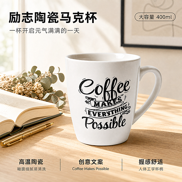 [主图-1] 创意陶瓷马克杯首图，温暖治愈家居场景。
[氛围风格] 温暖治愈北欧家居风，明亮通透，干净有质感；
[画质] 商业摄影质感、光线柔和通透、产品清晰真实、画面干净高级。
[元素] 白色陶瓷马克杯居中偏右，杯身印有"Coffee Makes Everything Possible"黑色手写体文字，杯口微斜展示内部釉面。左侧为浅橡木色书桌一角，桌上摆放一本打开的精装书、一支黄铜色钢笔、一小束干花尤加利叶。背景是米白色墙面，挂着一幅简约黑色细框装饰画（抽象线条）。窗边洒进柔和晨光，在桌面形成自然光斑。**保持马克杯外观（即物理结构、材质质感、颜色、文字图案）与输入产品图保持绝对一致，杜绝任何变形和色差，精细化处理**。商品主体占比约65%；画面满屏无边框。
[光影] 左侧窗边自然光为主光，柔和漫射，色温暖白；右侧补光提亮暗部，陶瓷杯面形成柔和高光条，杯底有自然接触阴影，整体通透不灰蒙，高光不溢、暗部有层次。
[配色] 主色米白+暖木色；辅色黑色（文字）、黄铜金点缀；强调色浅灰绿（干花）。
[视角构图] 平视微俯角度，产品为视觉中心；前中后景分层，景深中等，背景适度虚化突出主体。
[文字版式] 左上负空间左对齐，两行主辅文案。大字主标题"励志陶瓷马克杯"，黑色大号粗体无衬线；副标题"一杯开启元气满满的一天"，约半高、深灰色细体。右上角圆角小标签"大容量 400ml"，米白底黑字细边。底部通栏三列卖点：左列「高温陶瓷」「釉面细腻易清洗」、中列「创意文案」「Coffee Makes Possible」、右列「握感舒适」「人体工学杯柄」；上层短句粗体，下层说明细体，深灰色文字，现代无衬线字体。
[输出要求] 1:1比例，文字清晰锐利，画面超高清商业摄影质感。
[负向提示词] 变形，文字错乱，产品图模糊，背景杂乱，水印，电商平台Logo，多余的手，多余的手指，畸形手。