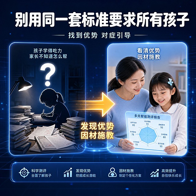 [主图-2] 痛点与学习目标·激发共鸣：用「统一标准下的困惑 vs 发现优势后的改变」左右对照，承接家长焦虑并给出测评价值。
[统一基调] 深海军蓝到电光蓝渐变科技背景，带半透明网格线、柔和光线、漂浮数据光点与蓝色光晕；标题统一白色圆角粗黑体无衬线，辅助文字统一浅蓝白色小号字，标签统一半透明圆角发光样式，底部信息条统一深蓝半透明圆角通栏，整组保持高对比、专业可信、科技教育风。
[画面] 左右对照式构图：左侧一张深蓝偏暗的圆角卡片内画堆满作业本和试卷的课桌、一盏小台灯、一个低头写作业的儿童剪影轮廓和一个白色大问号，表现孩子学得吃力；右侧一张明亮卡片内，同一位约34岁中长发扎低马尾、圆脸温柔、穿浅蓝针织衫的妈妈和约9岁齐肩短发戴淡蓝发卡、穿白色校服的女儿一起看着发光测评报告微笑；两卡之间用一条发光箭头从左指向右，箭头下方放「发现优势 因材施教」的发光文字。
[光影质感] 商业教育插画质感融合轻科技光效，左侧光效偏冷偏暗，右侧柔和明亮，人物皮肤自然，卡片边缘发光柔和。
[配色] 主色电光蓝与深海军蓝，左侧暗蓝卡片，右侧亮蓝卡片，强调色明黄与亮橙仅用于箭头和关键词。
[文字版式] 画面顶部主标题「别用同一套标准要求所有孩子」白色超大粗黑圆体，副文案「找到优势 对症引导」；左侧卡片内小字「孩子学得吃力 家长不知道怎么帮」，右侧卡片内小字「看清优势 因材施教」；整图不出现价格。
[输出要求] 1:1正方形，1024x1024，2K分辨率，文字清晰无错字；负向：变形、错字、漏字、模糊、水印、平台Logo、伪Logo、畸形手指、多余手指、面部扭曲、主体遮挡、背景杂乱、低清晰度、错误结构、刺眼过曝。