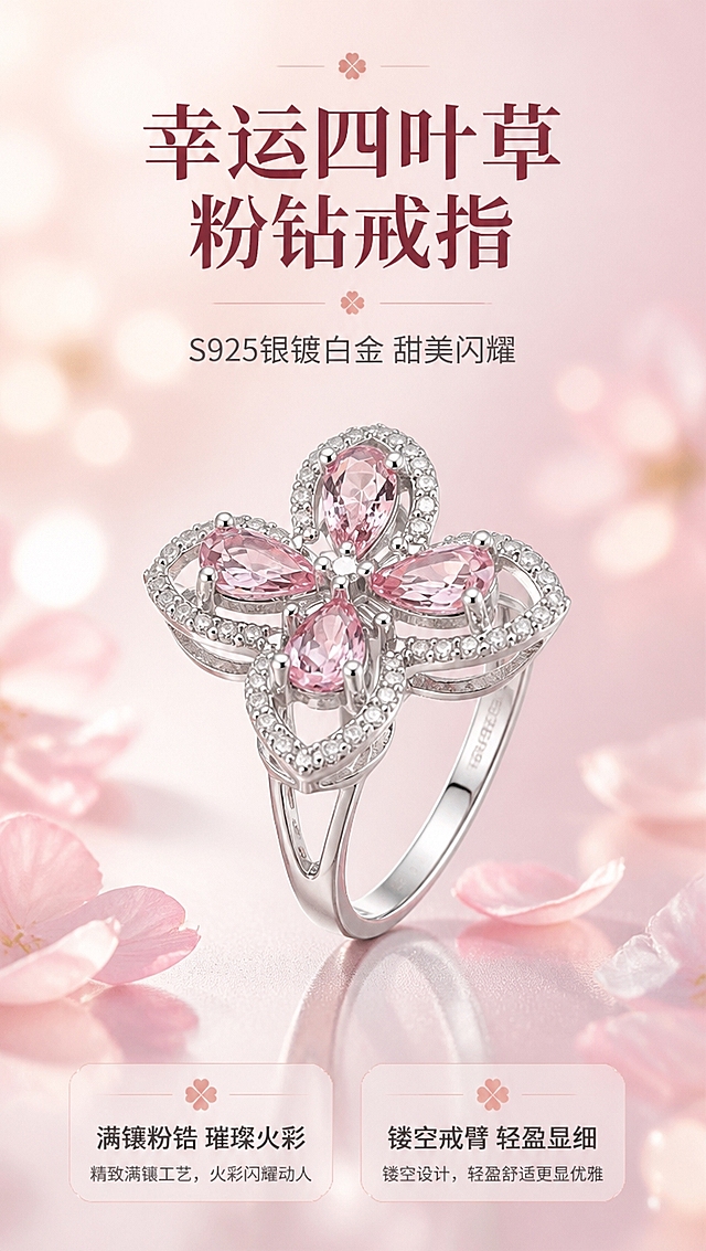[商品] 使用【图1】【图4】S925银粉锆石四叶草戒指；保留四瓣水滴形粉锆石主石、周围满镶碎钻、镂空四叶草轮廓、镂空戒臂、银白色金属质感、戒指内侧刻字；商品处理：增强金属光泽与锆石火彩，去除背景杂物，保持戒指结构比例不变。
[画面] 目标：氛围头图，突出四叶草粉锆戒指的轻奢甜美与幸运主题。构图：居中偏上主体展示，戒指斜立放置，底部有柔和倒影，前景散落粉白花瓣与柔光斑，中景为戒指主体，后景为渐变柔粉到米白的朦胧背景。主体占画面60%，阅读动线从上到下，上方标题区留白。
[视觉] 套系策略：风格=轻奢高级珠宝商业摄影；标题字=优雅衬线粗体；正文字=简洁无衬线体；主色=柔粉+银白；背景延展=基于柔粉与银白做深浅渐变、同色系光晕和细腻丝绒/金属质感；强调色=玫瑰金粉，仅用于小面积图标、引线和标签；标题色=深酒红；正文色=中暖灰；组件=圆角浅底信息卡、细金线引线、四叶草小图标；光影=左前侧45度柔柔光，金属高光清晰，锆石有星芒火彩。
[文字] 上方居中主标题「幸运四叶草 粉锆戒指」，副标题「S925银镀白金 甜美闪耀」，下方2个短卖点「满镶粉锆 璀璨火彩」「镂空戒臂 轻盈显细」，文字不遮挡戒指主体与锆石。
[规格] 图片比例9:16竖版，4K分辨率，quality=medium，避免变形、错字、文字过小、冷蓝背景、戒指颜色改变、结构失真、锆石缺失。