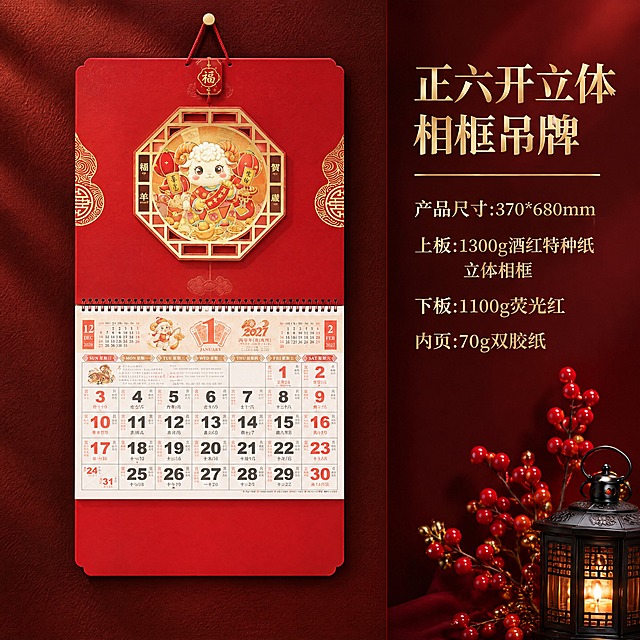 电商产品详情主图，左侧展示正六开立体相框吊牌挂历实物，右侧展示产品参数文字信息，左右分栏布局。左侧挂历严格参照上传产品图（福羊贺岁款），完整保留所有可见组件、部件、轮廓、结构、比例、材质、颜色与产品本体上的所有文字信息，与上传图完全一致，绝不删减或改动产品本身任何部分，产品规格370*680比例严格保持不变，绝对不允许拉伸变形，立体相框的立体浮雕效果完整保留。挂历通过红色挂绳悬挂于深红色高级肌理背景上，挂绳顶部有金色挂扣和红色福字吊牌装饰。右侧文字区域为深红色背景配金色文字，从上到下依次为：大标题"正六开立体相框吊牌"，产品尺寸:370*680mm，上板:1300g酒红特种纸 立体相框，下板:1100g荧光红，内页:70g双胶纸。右下角点缀红色浆果与黑色金属小提灯装饰，营造新中式喜庆高级氛围。画面整体比例1:1正方形构图，左右分栏布局，左侧产品占约60%宽度，右侧文字占约40%宽度，产品为绝对视觉焦点。4K写实光追，商业级电商主图质感，暖金色柔光突出挂历立体相框与烫金工艺细节。