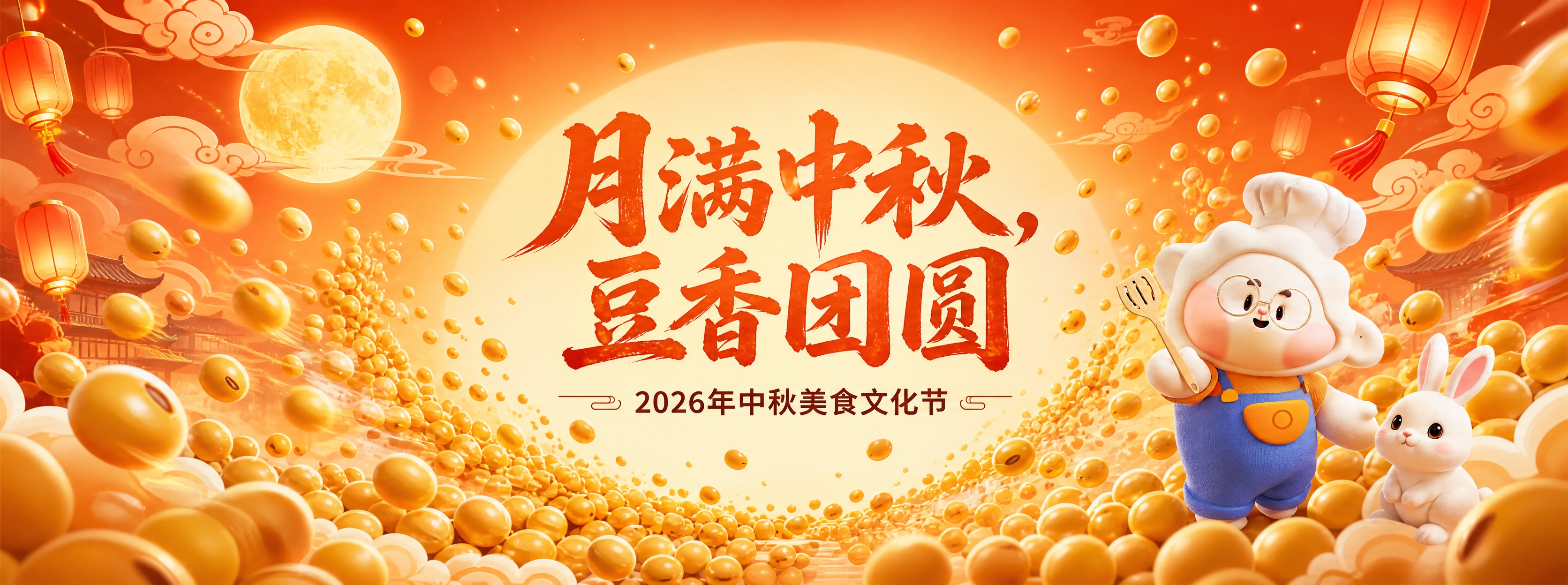 超宽幅中秋美食文化节背景板设计，8m×3m比例，整体橙色暖色调… - 图片创意预览