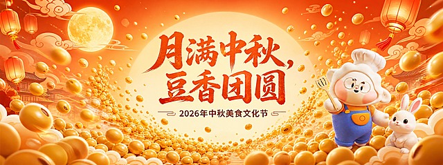 超宽幅中秋美食文化节背景板设计，8m×3m比例，整体橙色暖色调，浓郁中秋节日氛围。画面中央为文字预留区，主标题"月满中秋，豆香团圆"字号最大最醒目，副标题"2026年中秋美食文化节"字号较小降低层级，主副标题均居中排列，文字清晰可读。大量金黄色黄豆粒呈飞散动势环绕中间文字区，从四周向中心汇聚又向外飞溅，形成富有活力的视觉动势，豆粒有大小远近层次，部分豆粒带轻微动态模糊。背景为渐变橙红色，点缀朦胧的圆月、祥云、灯笼等中秋元素，营造温馨团圆的节日氛围。右下角放置3D卡通IP形象：饺子造型的兔子厨师，戴着白色厨师帽，圆框眼镜，蓝色背带裤橙色内搭，手持木锅铲，形象可爱圆润，旁边有一只小玉兔相伴。整体画面层次丰富，版式精美，节日氛围浓厚，暖橙色主调统一和谐。画面中所有数字必须精确渲染，不得错位、遗漏或编造。