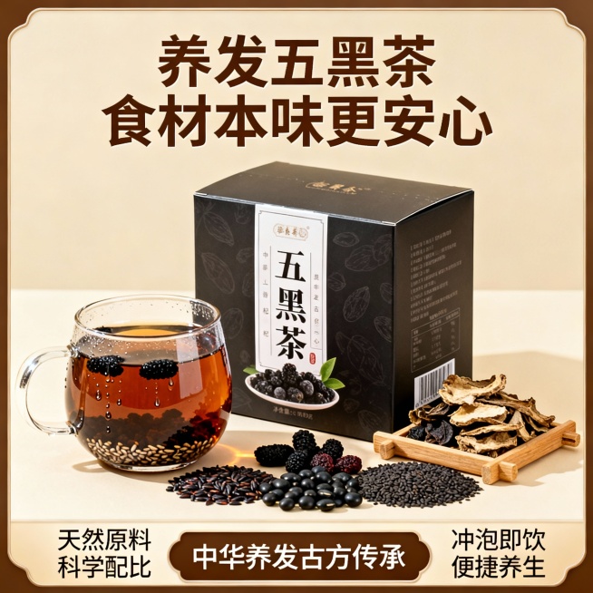 高端摄影海报，「五黑茶」，米色背景，素材都集中在中间（边上不能有素材是超出花光的），所有素材都围绕着产品，，全部露出：

1. 主体核心：产品包装盒（视觉重心）
位置：画面中央偏右，突出立体度，产品最预览效果