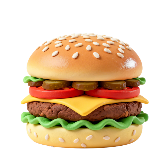 3D卡通风格的汉堡，Q萌膨胀质感，层次分明：底部是浅黄色芝麻面包胚，往上依次是新鲜的绿色生菜、红色多汁番茄片、焦香的棕色牛肉饼、融化的黄色芝士片、棕褐色酸黄瓜片，顶部是撒满白芝麻的面包盖，整体饱满有光预览效果