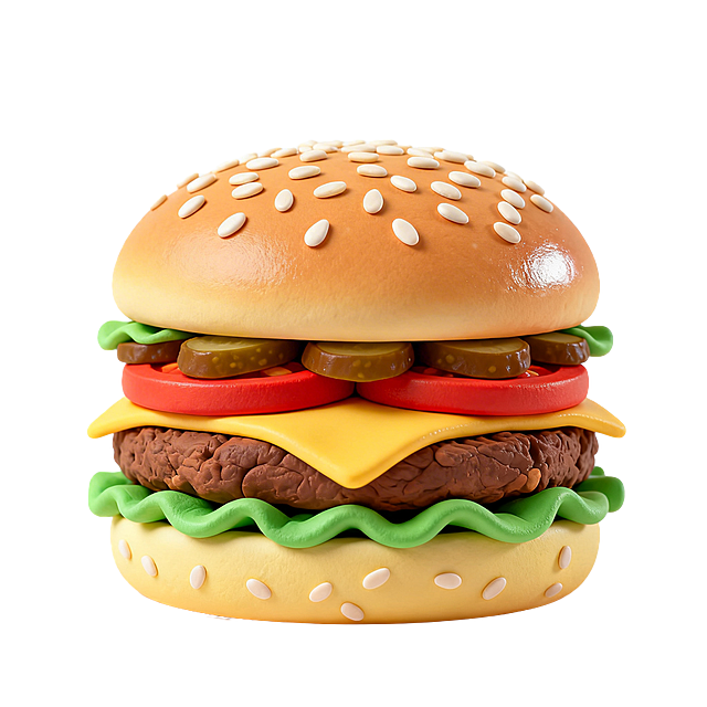 3D卡通风格的汉堡，Q萌膨胀质感，层次分明：底部是浅黄色芝麻面包胚，往上依次是新鲜的绿色生菜、红色多汁番茄片、焦香的棕色牛肉饼、融化的黄色芝士片、棕褐色酸黄瓜片，顶部是撒满白芝麻的面包盖，整体饱满有光泽，放置在纯白色背景上，光影柔和，呈现出立体的黏土质感，精致可爱