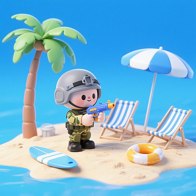 海岛奇兵，软3D风卡通角色，清新可爱，沙滩椰树背景，夏日休闲氛围。