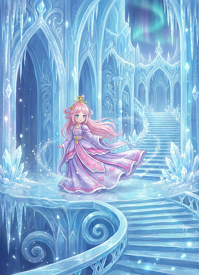 梦幻冰雪城堡中，粉发公主身着华美礼服，飘逸灵动，融合插画风与动漫风，点缀粒子光效，呈现唯美感与可爱感，玻璃质感建筑映衬奇幻氛围。