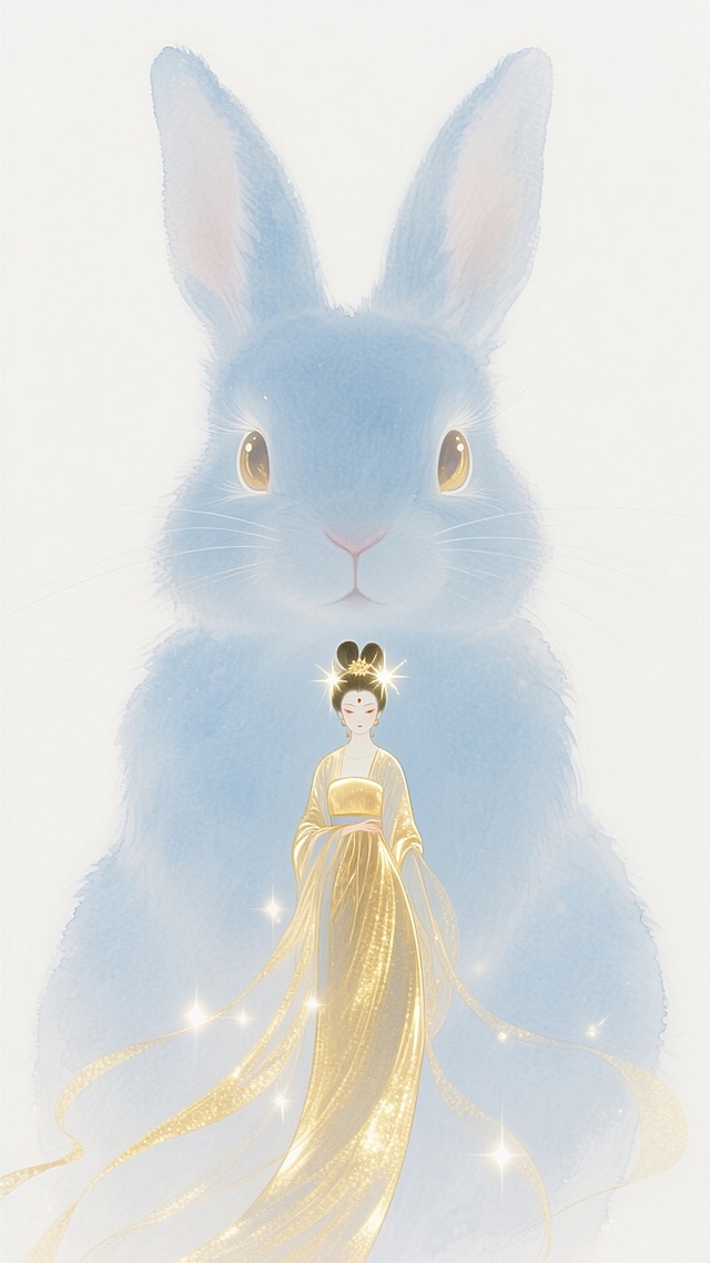 梦幻水彩风插画，嫦娥与玉兔拟人化呈现，鎏金华服映衬中式古典美，唯美感十足，中秋佳节意境悠然。