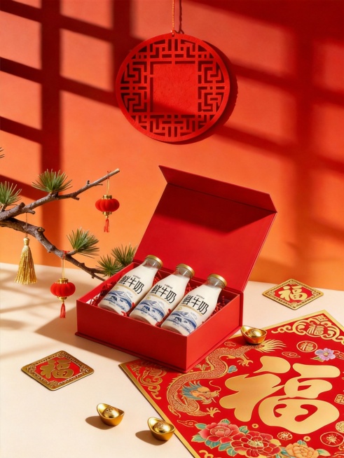 将图1中的礼盒和新年装饰元素融入到图2的桌面上 礼盒适应图2的桌面大小 保持光影协调，突出新春主题 光影自然融合预览效果