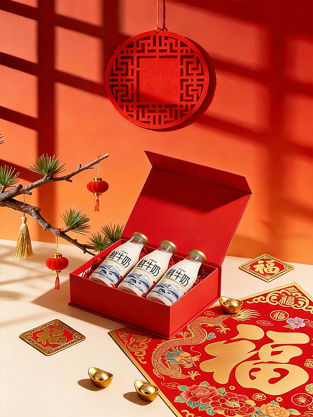 将图1中的礼盒和新年装饰元素融入到图2的桌面上 礼盒适应图2的桌面大小 保持光影协调，突出新春主题 光影自然融合