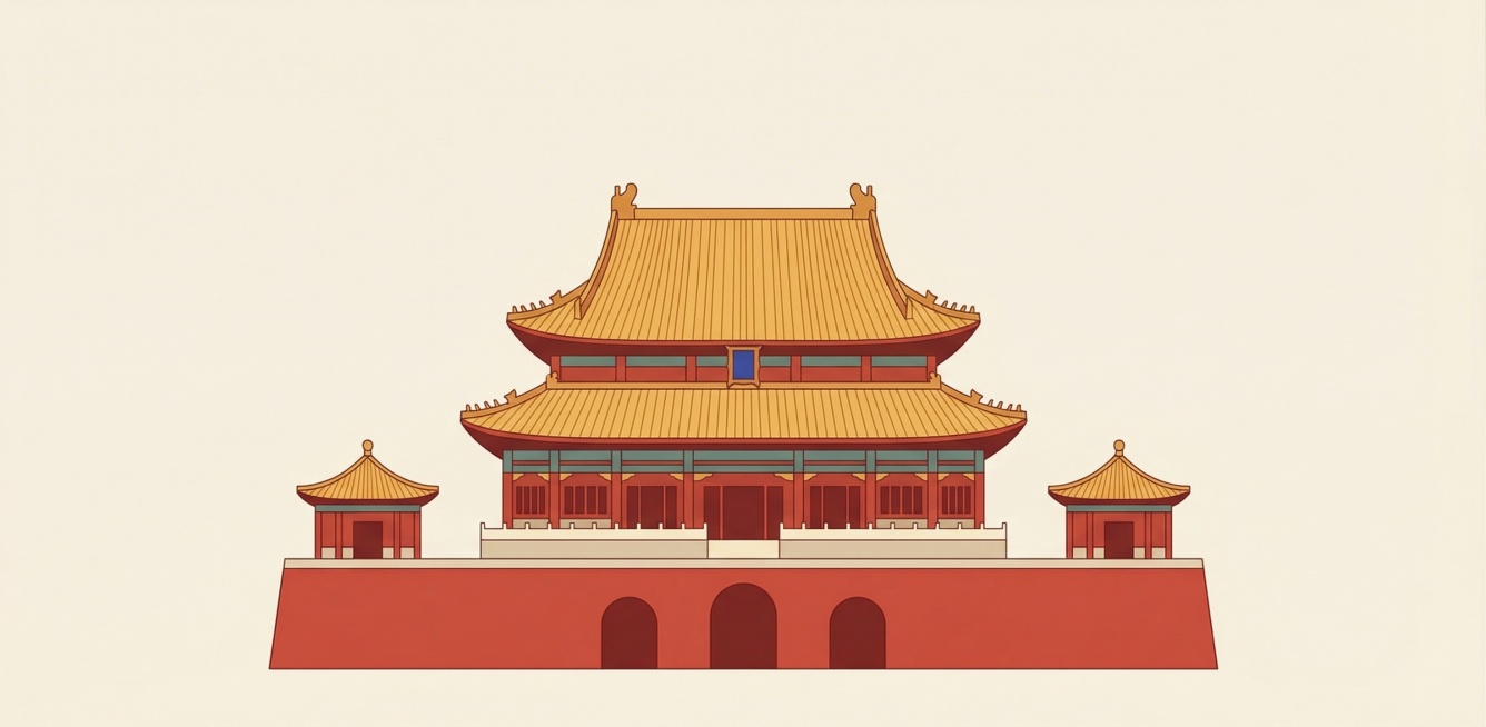 故宫交泰殿，严格保持交泰殿真实建筑形态，参考图提供的国潮扁平插画风格，浅米黄底色，红墙黄瓦，干净简约单建筑居中构图预览效果