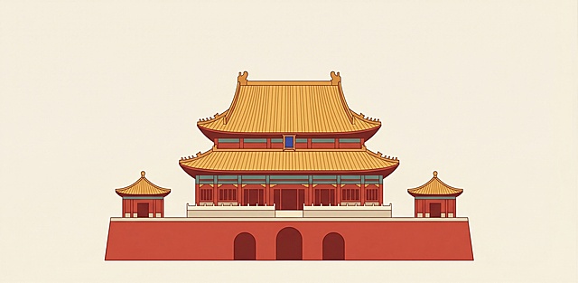 故宫交泰殿，严格保持交泰殿真实建筑形态，参考图提供的国潮扁平插画风格，浅米黄底色，红墙黄瓦，干净简约单建筑居中构图