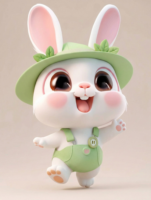 兔子的衣服变成清新绿色，帽子上有绿叶装饰，动作活泼点。预览效果