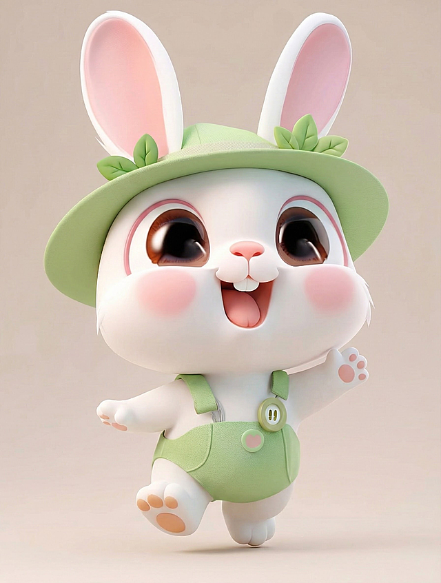 兔子的衣服变成清新绿色，帽子上有绿叶装饰，动作活泼点。