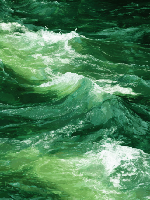 generate a similar image of deep green flowing river water with white waves, enhance the atmosphere,预览效果