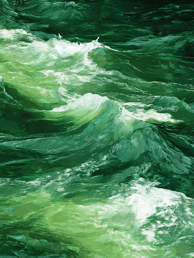 generate a similar image of deep green flowing river water with white waves, enhance the atmosphere, keep the rich green tones and flowing texture, create a tranquil and immersive natural mood