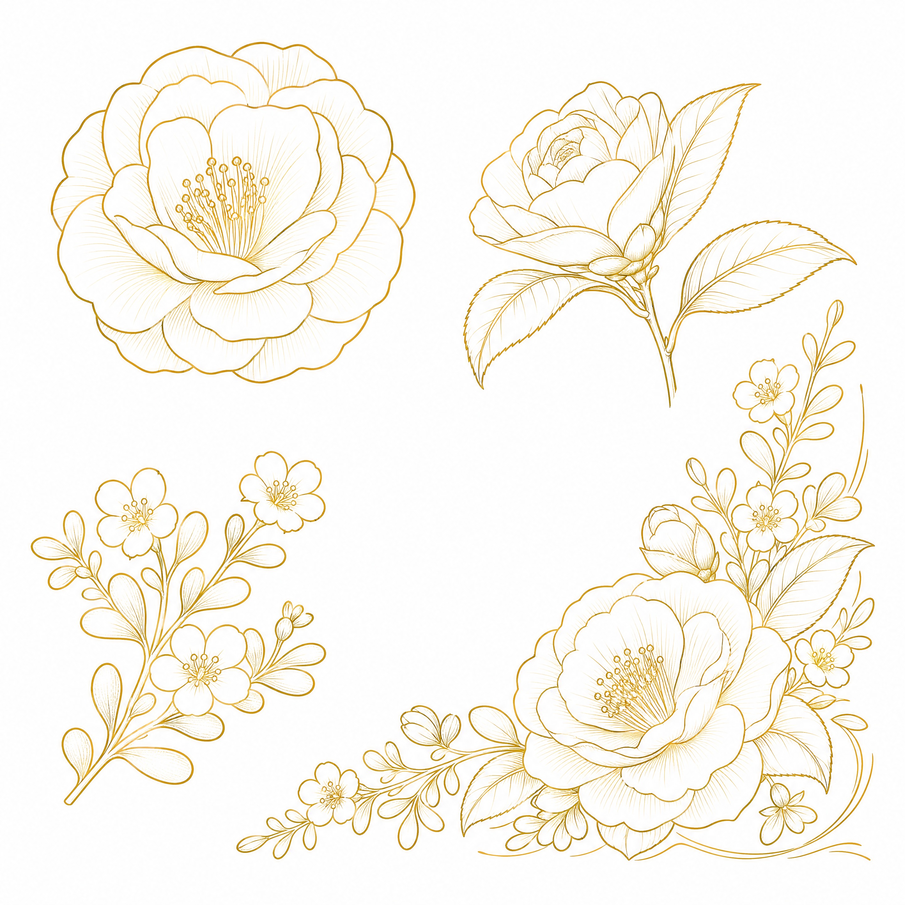 山茶花和马齿苋花朵元素插画合集，简洁高级线条艺术风格，白色/金… - 图片创意预览