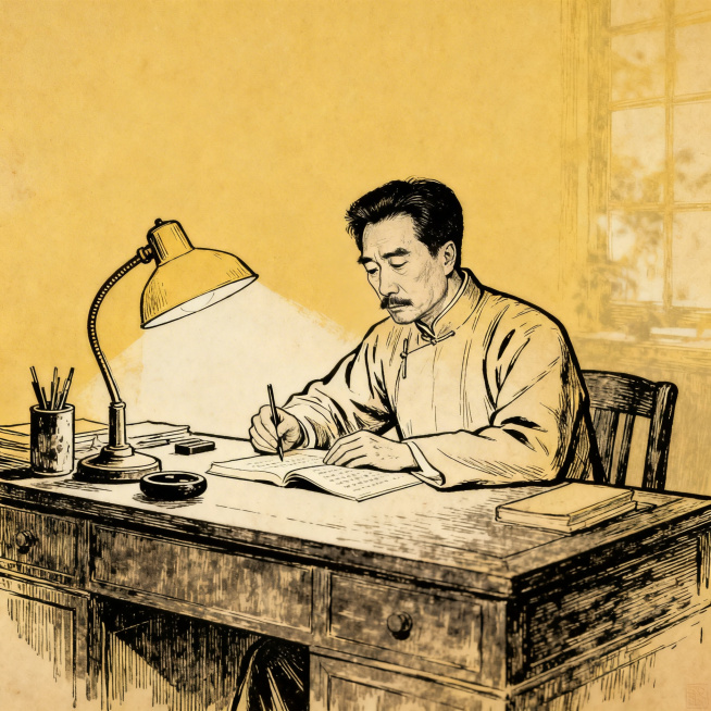 鲁迅正在台灯下撰写创作文学作品的手绘图画，复古简约风格，线条细腻，纸张质感，背景古朴书桌，氛围安静，专注创作的神态预览效果