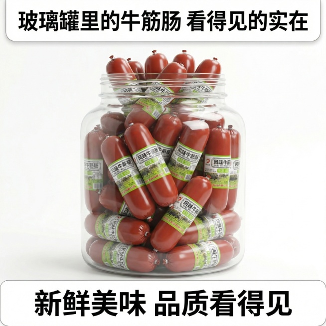 我的产品是牛筋肠，帮我做10张主图产品堆积起来突出产品多预览效果
