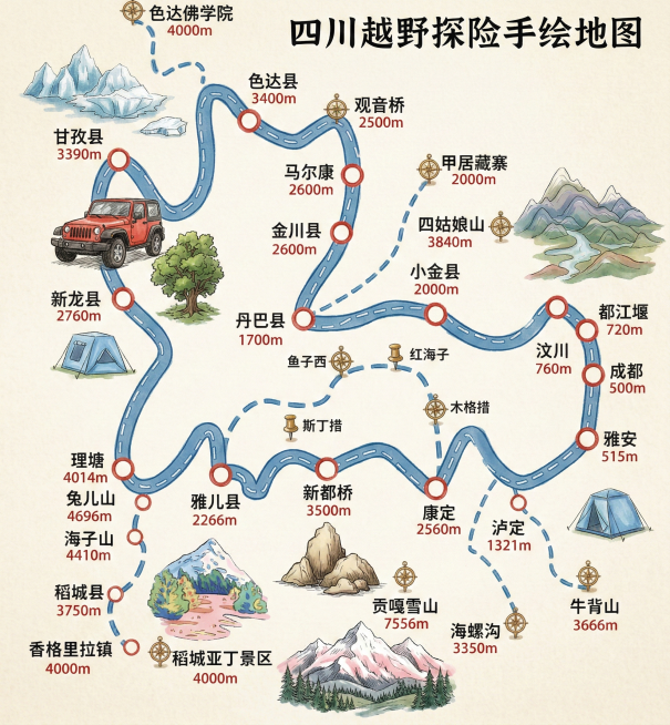 保留所有目的地和内容，更换图标和展示字体，手绘风格地图预览效果