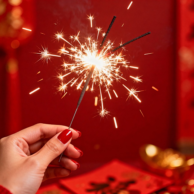 一只涂了红色指甲的手，拿着烟花，红色喜庆的氛围