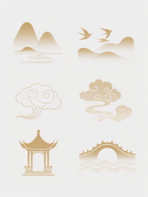 白色背景上排列整齐的六个不同样式国风元素，采用淡金色渐变色调，具有中国传统水墨画的雅致韵味和简约线条风格，元素包括层叠远山、飞鸟、祥云、古朴亭台、拱桥及波浪纹，每个元素轮廓清晰流畅，边缘柔和过渡，整体呈现出宁静悠远的东方美学意境，构图平衡对称，视觉层次分明，兼具传统韵味与现代设计感。预览效果