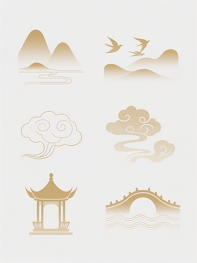 白色背景上排列整齐的六个不同样式国风元素，采用淡金色渐变色调，具有中国传统水墨画的雅致韵味和简约线条风格，元素包括层叠远山、飞鸟、祥云、古朴亭台、拱桥及波浪纹，每个元素轮廓清晰流畅，边缘柔和过渡，整体呈现出宁静悠远的东方美学意境，构图平衡对称，视觉层次分明，兼具传统韵味与现代设计感。