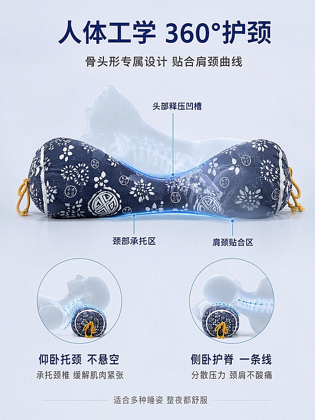 [第5张] 人体工学骨头形结构解析-肩颈贴合原理。本张使用【图1】藏青白花款骨头形颈椎枕作为产品主体。
[氛围/风格] 专业功能解析风，清晰直观，突出结构设计与科学护颈，商业摄影质感。
[元素布局] 画面中央展示藏青白花款骨头形颈椎枕的侧面视角，清晰呈现中间凹陷、两端凸起的骨头形状立体结构。用半透明的人体肩颈骨骼轮廓线叠加在枕头上，展示360°贴合肩颈曲线的效果。用柔和的蓝色引导线标注三个关键结构部位：头部释压凹槽（中间凹陷处）、颈部承托区（前侧弧度）、肩颈贴合区（两侧凸起）。左右两侧各有一个小圆形示意图：左侧仰卧姿态，枕头托住颈部，颈椎呈自然C形弧度；右侧侧卧姿态，颈椎与脊柱保持同一直线。背景为浅灰蓝色渐变，干净专业。**保持枕头外观（骨头形状、粗布材质、藏青白花图案、黄色抽绳）与输入产品图一致，杜绝变形和色差；人体轮廓为半透明示意图，非真实人物**。商品主体占比约45%。
[光影质感] 左右均匀柔光布光，突出枕头立体结构与弧度；阴影柔和，整体干净专业。
[配色色系] 全局底色 #EEF2F7（浅灰蓝）；主色藏青、白色（枕头花色）；辅助色淡蓝色（引导线与示意图）；点缀色浅灰色。
[视角构图] 平视侧视角，主产品居中，左右两侧分布仰卧与侧卧示意小图，信息层次分明，阅读动线自上而下。
[文字版式] 顶部居中大标题「人体工学 360°护颈」，藏青色大号粗体；副标题「骨头形专属设计 贴合肩颈曲线」，深灰色中号。三个结构标注用引线连接对应位置：「头部释压凹槽」「颈部承托区」「肩颈贴合区」，深蓝色字配淡蓝色引线。下方左右两图各配文字：左「仰卧托颈 不悬空」「承托颈椎 缓解肌肉紧张」，右「侧卧护脊 一条线」「分散压力 颈肩不酸痛」。底部一行小字「适合多种睡姿 整夜都舒服」，灰色。
[比例分辨率] 3:4 竖版比例，4K 分辨率，文字清晰可辨，高清画质。
[负向提示词] 变形，水印，文字错乱，文字过小，缺件错件，结构错误，颜色偏差，产品图模糊，背景杂乱。