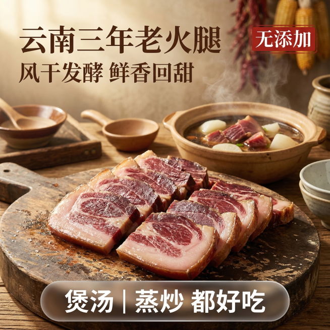 切好的云南火腿块居中放置在原木砧板上，主体占比60%，切面纹理清晰，油润光泽感真实还原；背景为朴实的农家厨房场景，木质案板、粗陶餐具点缀，旁边放一碗正在炖煮的火腿萝卜汤，蒸腾着热气，暖金色阳光从侧上方预览效果