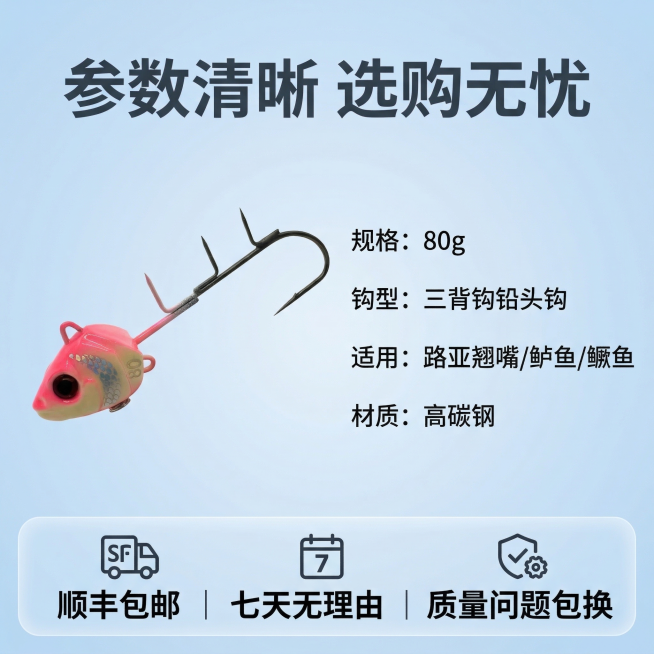 [主图5：鱼钩规格与服务说明]
[主图主题] 路亚鱼钩规格参数与服务承诺
[氛围/风格] 简约专业，清晰明了，信任感
[画面元素] 粉色鱼头路亚鱼钩放置在画面左侧，占比40%，右侧为清晰的规格参数列表预览效果