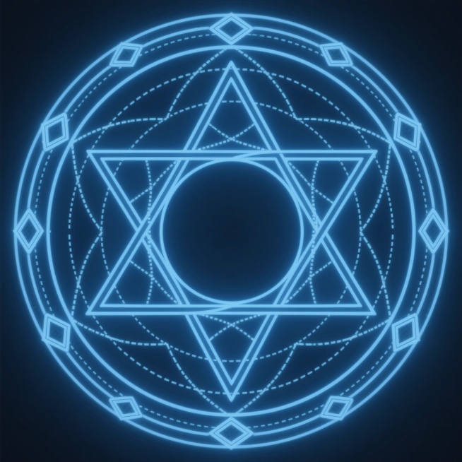 一个复杂而精致的魔法阵图案，由蓝色线条构成，线条流畅且具有几何美感。魔法阵中心是一个圆形，向外辐射出对称的星形结构，星形的角端连接着多边形。图案中还包含多个同心圆和虚线，增加了层次感和神秘感。整体呈现出一种神秘而优雅的氛围，具有强烈的魔法能量感。预览效果