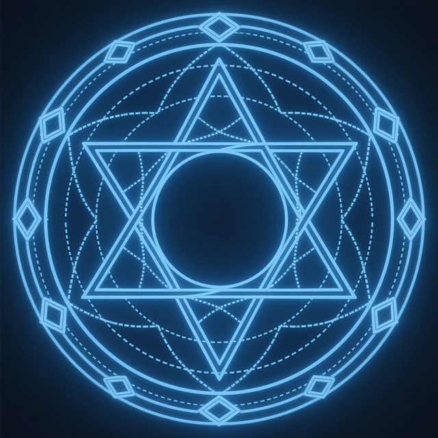 一个复杂而精致的魔法阵图案，由蓝色线条构成，线条流畅且具有几何美感。魔法阵中心是一个圆形，向外辐射出对称的星形结构，星形的角端连接着多边形。图案中还包含多个同心圆和虚线，增加了层次感和神秘感。整体呈现出一种神秘而优雅的氛围，具有强烈的魔法能量感。