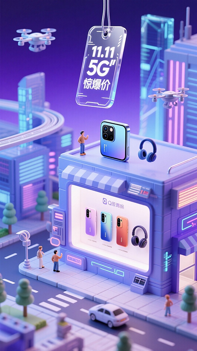 未来感与科技感交织的微缩城市，3D风与霓虹灯风营造梦幻氛围，玻璃风元素凸显体积感，虚拟现实场景中悬浮标签彰显11.11促销感，酷炫视觉呈现5G新品惊爆价。