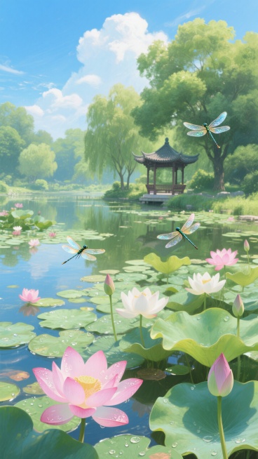 蓝天白云绿树，远处有一座凉亭，近处是夏天的池塘，池塘上有很多荷叶，还有许多荷花，有几只蜻蜓，呈现夏日明亮氛围预览效果
