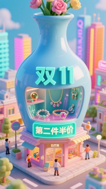 这张海报的主色调为天青色，背景是霓虹十色的大都市。“双 11” 以自然的天蓝立体字体展示在海报中间，还有一个醒目的 “第二件半价” 青色广告牌在花瓶形状的建筑上。海报的主体是一座巨大的花瓶形状的建筑，预览效果