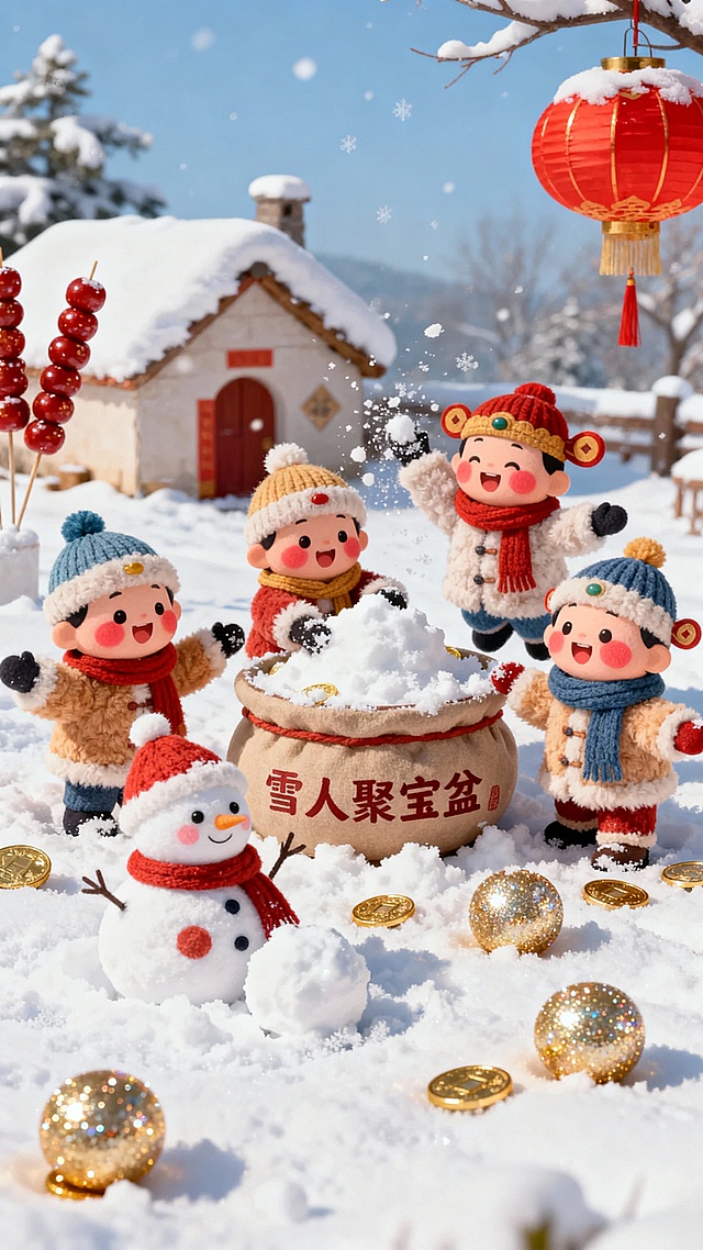 可爱Q版卡通风格，五位财神穿着厚厚的毛绒棉袄，戴着针织帽和小围巾，脸蛋红扑扑。他们在雪地里堆起一个“雪人聚宝盆”，正在快乐地打雪仗，雪球是闪闪发光的金币。背景是雪屋、糖葫芦和红灯笼。材质突出毛绒织物和哑光雪粉的可爱质感，色彩温暖明亮，充满童趣和暖冬的欢乐。