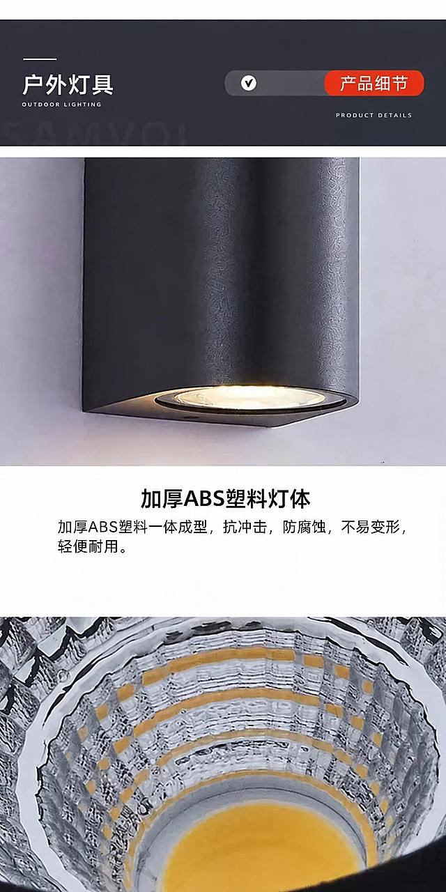 将图中“加厚铝材灯体”文字替换为“加厚ABS塑料灯体”，下方说明文字“加厚铝材压铸，硬度高，不易开裂，抗腐蚀能力强，不易生锈，坚固耐用。”替换为“加厚ABS塑料一体成型，抗冲击，防腐蚀，不易变形，轻便耐用。”，其余所有内容、布局、字体、颜色、产品图片、顶部导航栏、背景、排版均保持不变，文字位置和样式与原图一致