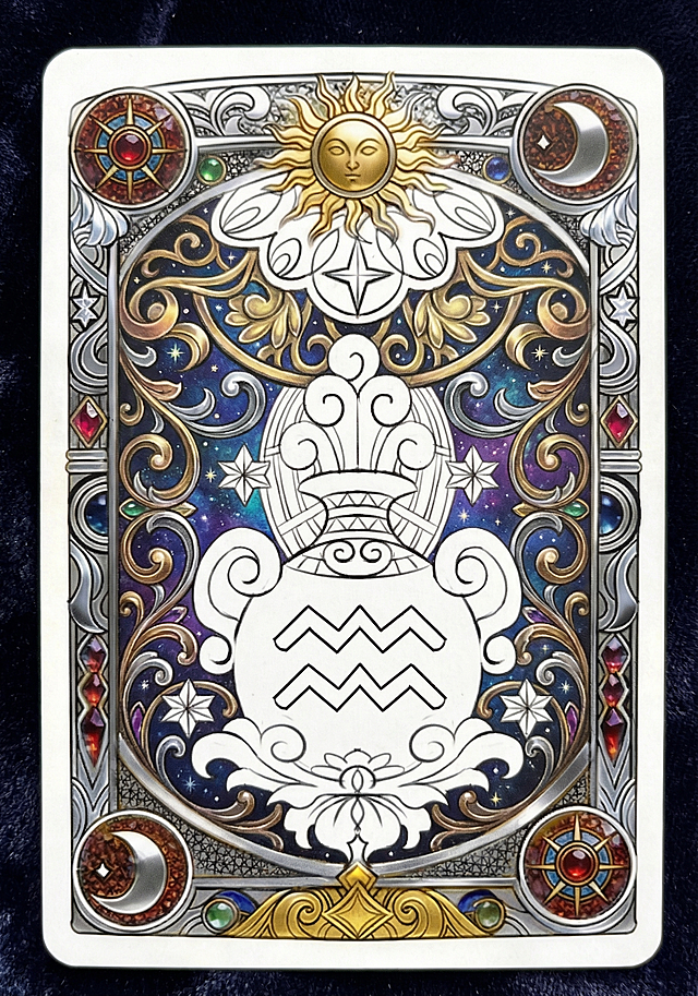 给塔罗牌主体宝瓶周围的空白背景添加图案，设计不对称美感来衬托主体，保持和边框一致的复古金属宝石奢华风格，填充神秘星空纹理，保留原有的线稿结构和主体水瓶座符号，整体风格协调统一