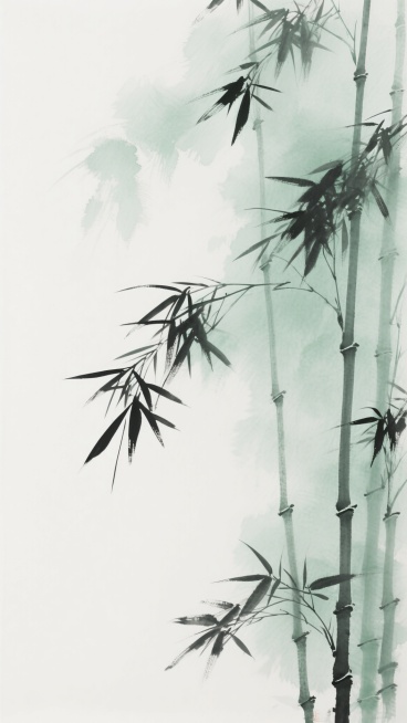 中国传统水墨风格，以大面积留白为背景，淡绿色与墨色交融的竹林，竹叶形态细长，竹枝自然舒展，笔触轻盈流畅，墨色浓淡相宜，背景有淡雅的水墨晕染效果，整体营造出宁静、清幽的东方意境，画面简洁空灵，符合传统水墨画的写意韵味。预览效果