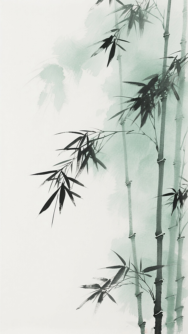 中国传统水墨风格，以大面积留白为背景，淡绿色与墨色交融的竹林，竹叶形态细长，竹枝自然舒展，笔触轻盈流畅，墨色浓淡相宜，背景有淡雅的水墨晕染效果，整体营造出宁静、清幽的东方意境，画面简洁空灵，符合传统水墨画的写意韵味。