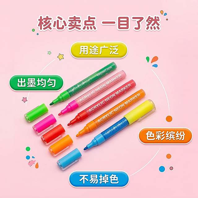 [垫图]https://gdesign-dam-hz.dancf.com/35840261605936225/ac70e15d9e5842f5b51a0939c47961ae.jpg
[主图主题]丙烯马克笔核心卖点展示
[氛围/风格]色彩缤纷童趣创意风格，干净明亮
[画面元素]6支拆开的彩色马克笔斜向整齐排列在画面中心，产品主体突出，背景为纯净浅粉渐变背景，每个卖点用彩色胶囊形标签环绕在产品周围，形成众星捧月的视觉效果，光影均匀清晰
[配色色系]主色调：马克笔本身的高饱和荧光色；辅助色：浅粉背景
[视角构图]居中俯视平铺视角，主体突出清晰
[文字版式]主标题 “ 核心卖点 一目了然 ”，产品居中，四个核心卖点分别用对应颜色的胶囊标签环绕展示：绿色胶囊配白字 "出墨均匀"、橙色胶囊配白字 "色彩缤纷"、蓝色胶囊配白字 "不易掉色"、黄色胶囊配白字 "用途广泛"，字体圆润可爱，整体排版均衡活泼，符合淘宝平台展示规范。