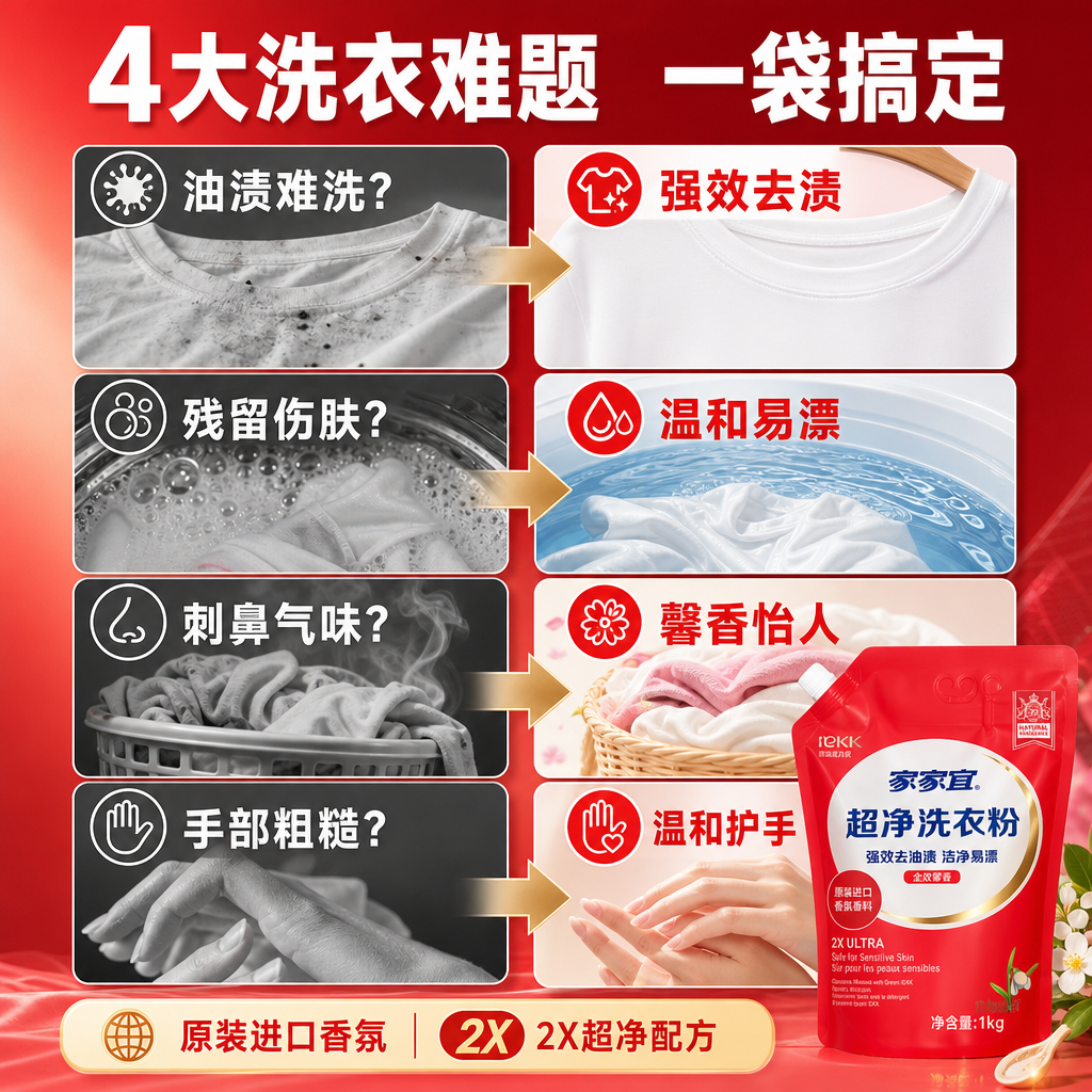 [商品] 使用【图1】家家宜超净洗衣粉1kg红色袋装；保留红色… - 图片创意预览