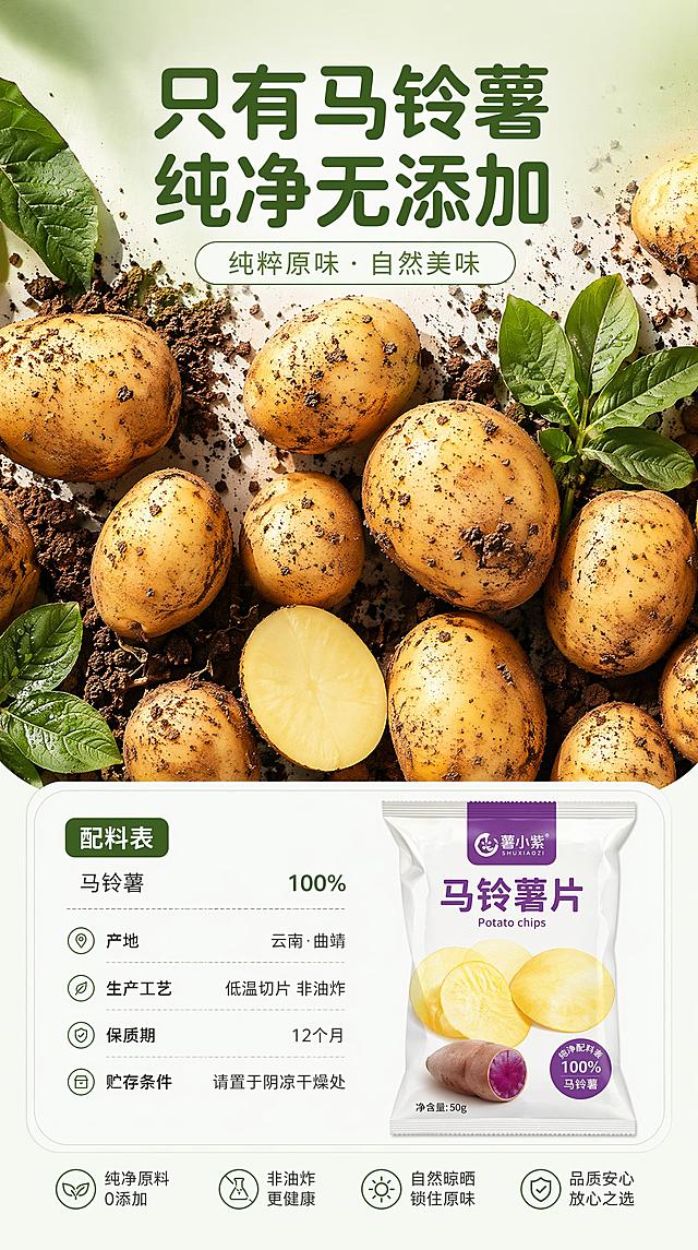 [第2屏-详情成分屏] 纯马铃薯原料成分展示屏，突出天然纯净卖点。本屏使用【图3】作为包装细节参考。
[氛围/风格] 自然新鲜质感，真实原料实拍风格，干净通透。
[元素布局] 画面上半部分放大展示新鲜马铃薯块茎，沾满泥土，色泽自然，占比超过60%；下半部分展示配料信息，搭配产品小包装图；整体布局饱满，原料视觉占比大。
[光影质感] 自然散射光，阴影柔和，食材新鲜水润感突出，整体明亮自然。
[配色色系] 全局底色 #f3f9f0，主色绿色食材原色，辅助紫色品牌色、白色背景，清新自然。
[视角构图] 俯视平铺拍摄视角，食材平铺展示，层次分明。
[文字版式] 顶部主标题「只有马铃薯 纯净无添加」加粗绿色圆角黑体，下半部分配料区域清晰展示产品配料信息和生产信息，文字字号适中，手机端清晰可读。
[比例分辨率] 9:16竖版比例，宽度1500像素，高度约2667像素，4K分辨率，文字清晰可辨，高清画质。
[负向提示词] 食材腐烂，颜色怪异，文字模糊，排版混乱，虚假宣传