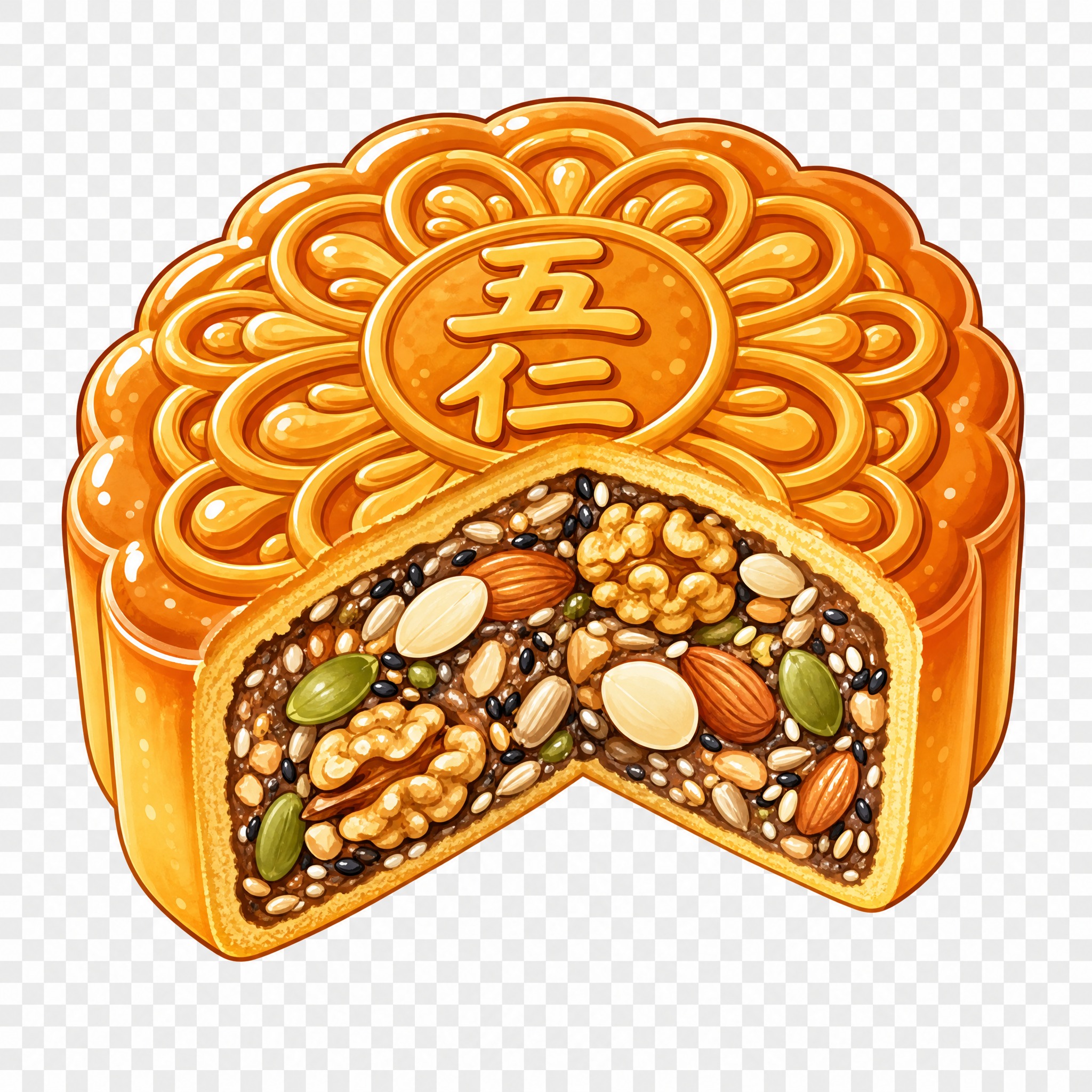 卡通插画风格的五仁月饼，被切开四分之一角，能看到内部丰富的五仁… - 图片创意预览