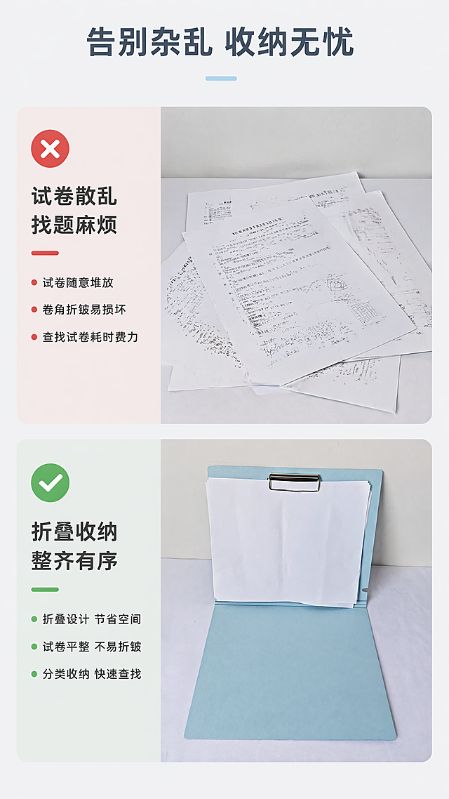 [第2屏] 痛点与解决页，分析普通试卷收纳痛点和本产品解决方案。
[氛围/风格] 简约说明风，干净清晰，对比明确，商业设计质感。
[元素布局] 使用上下分屏版式，上半部分为痛点场景，下半部分为解决效果。痛点区展示普通试卷散乱放置的场景，解决区展示试卷整齐收纳在折叠板夹中的效果。本屏使用https://9.jpg展示打开放置试卷的使用状态，产品结构、颜色保持与原图一致。整体分块清晰，每块配标题和图标说明。
[光影质感] 均匀柔和布光，对比区域明暗清晰，产品和场景细节都展示清楚，无死黑或过曝区域。
[配色色系] 全局底色：#F5F7FA（浅灰）；主体配色：#A8D1D9（浅蓝板夹）+ #FFFFFF（试卷白纸）；辅助色：#E74C3C（痛点标识红）+ #27AE60（解决标识绿）。
[视角构图] 平面分屏对比构图，上下均匀分割，文字区分别在左右两侧标注痛点和解决，产品主体在右下方展示，信息层级清晰。
[文字版式] 顶部大标题 "告别杂乱 收纳无忧" 居中排列。上半部分左侧配图标+文字 "试卷散乱 找题麻烦"，下半部分左侧配图标+文字 "折叠收纳 整齐有序"。每个说明文字区域配圆角浅底色块，文字清晰不遮挡产品主体。
[负向提示词] 画面混乱，文字错乱，产品变形，颜色偏差，夸张恶心场景，绝对化宣传。