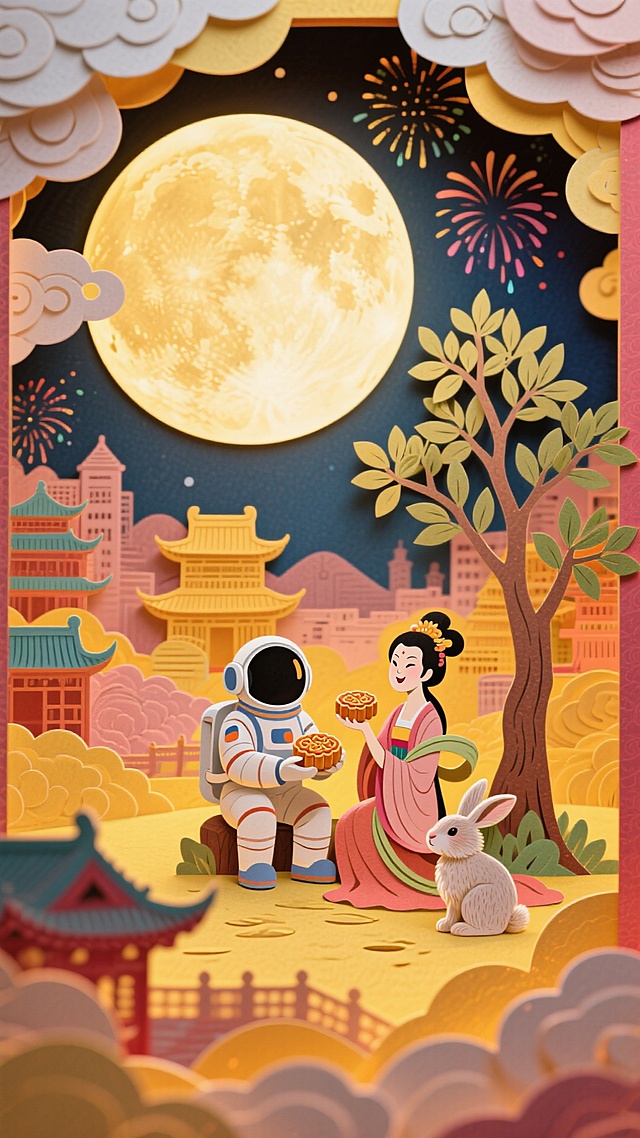全景构图，近景是古今建筑群，中间是宇航员和嫦娥一起吃月饼，旁边有颗月桂树，树下蹲着毛茸茸的玉兔，背后是圆月和烟花，画面四周祥云环绕，画面整体充满喜庆和华丽，画面呈现喜庆的暖色调