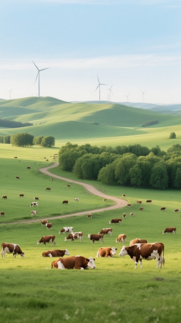 写实风格的自然风景摄影，广阔的绿色草原上散布着棕白相间的奶牛群，部分站立吃草、部分卧躺休憩，画面下方为主体牛群，中景是蜿蜒的土路穿行于茂密的绿色树林，远景是连绵起伏的绿色丘陵和风力发电机，天空呈现柔和的浅蓝色，整体色调以绿色为主，搭配自然的光影效果，光线明亮柔和，营造出宁静、悠闲、生机勃勃的田园氛围，高清晰度，细节丰富，自然色彩和谐。预览效果