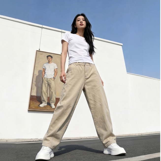 将图中前景女生原本的蓝色牛仔裤，以及背景油画中男生原本的蓝色牛仔裤，都替换成图二中的浅卡其色阔腿香蕉牛仔裤，款式、颜色和版型都和图二保持一致，整体画面风格和光影保持不变预览效果