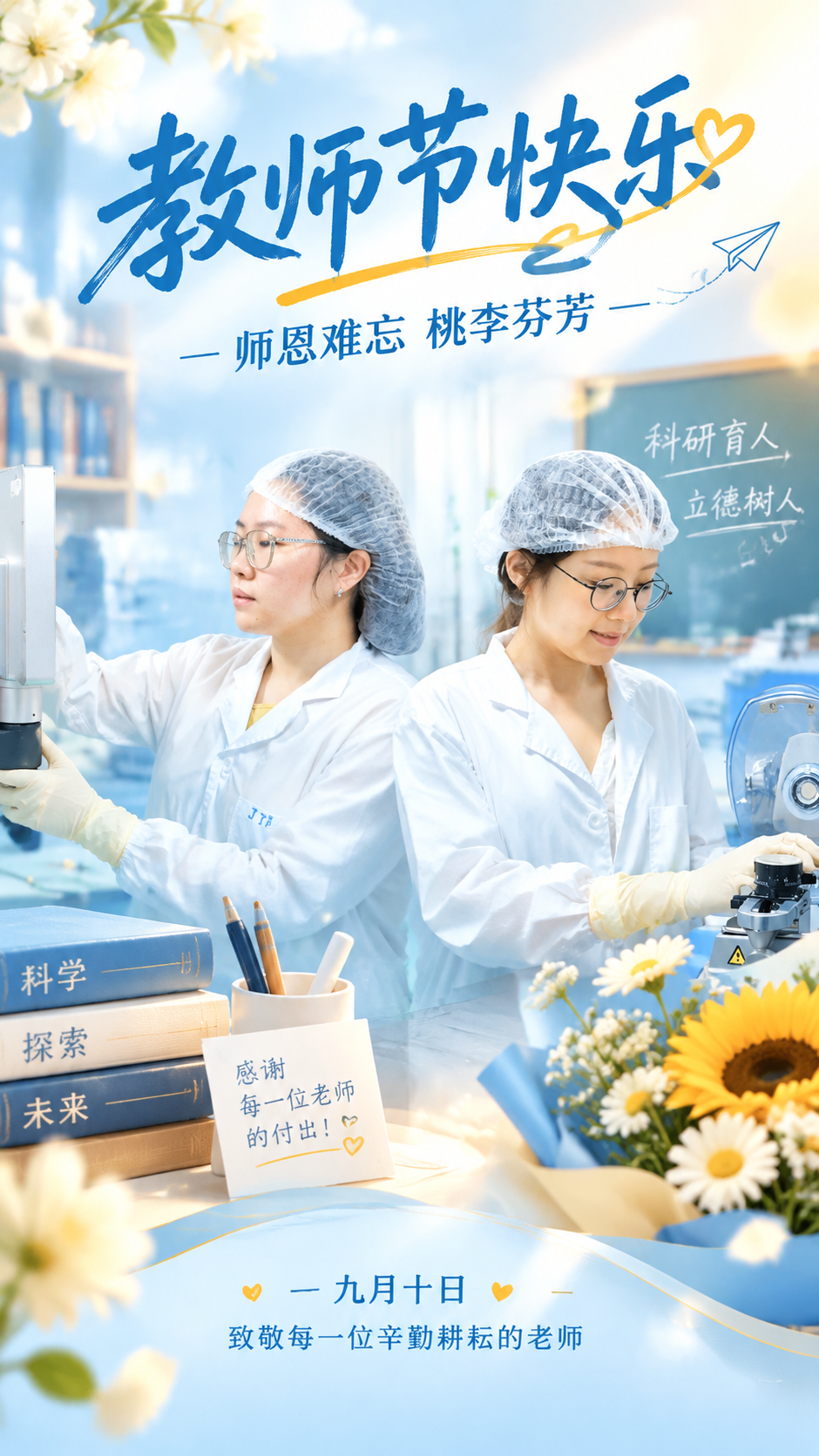 教师节主题海报，竖版9:16，温馨治愈风格。画面中央是两位女教… - 图片创意预览