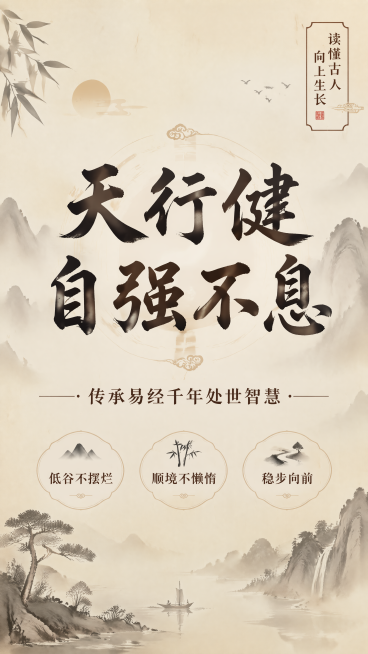 新中式国风淡雅禅意风格海报，版式精美，背景为浅米色宣纸纹理搭配淡墨山水，画面中央主标题“天行健 自强不息”，字体为古朴书法字体，副标题“传承易经千年处世智慧”在主标题下方，画面下方点缀三个卖点标签“低预览效果